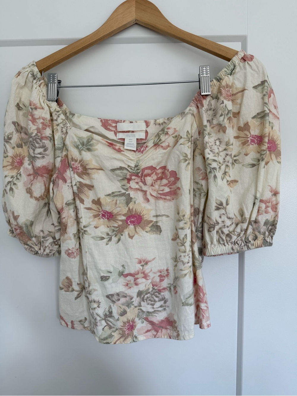 H&M Linen Blend Floral Puff Sleeve Top – Size S